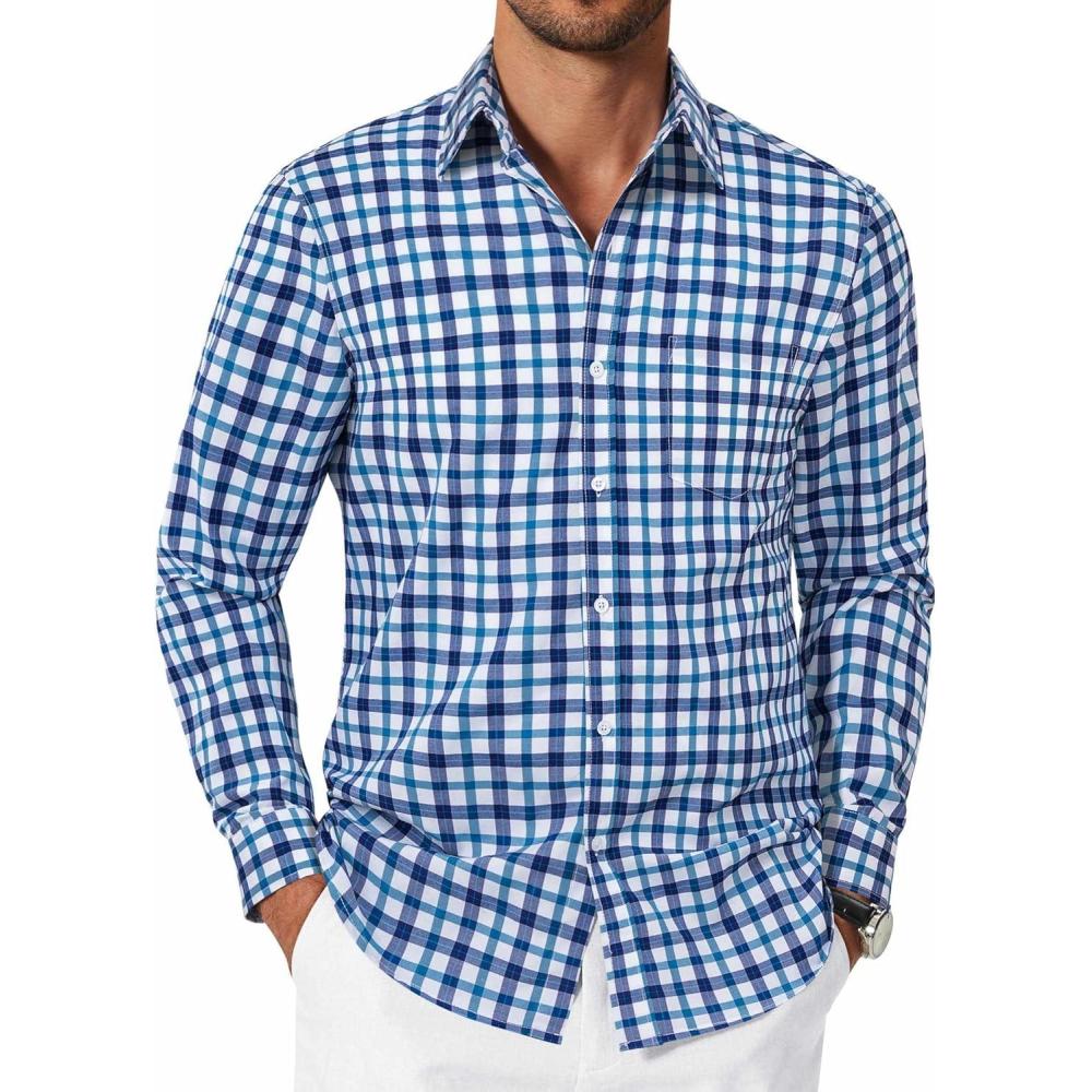 imageCOOFANDY Mens Plaid Button Down Shirt Cotton Long Sleeves Dress Shirt Wrinkle Free Casual Gingham ShirtBlue Gingham