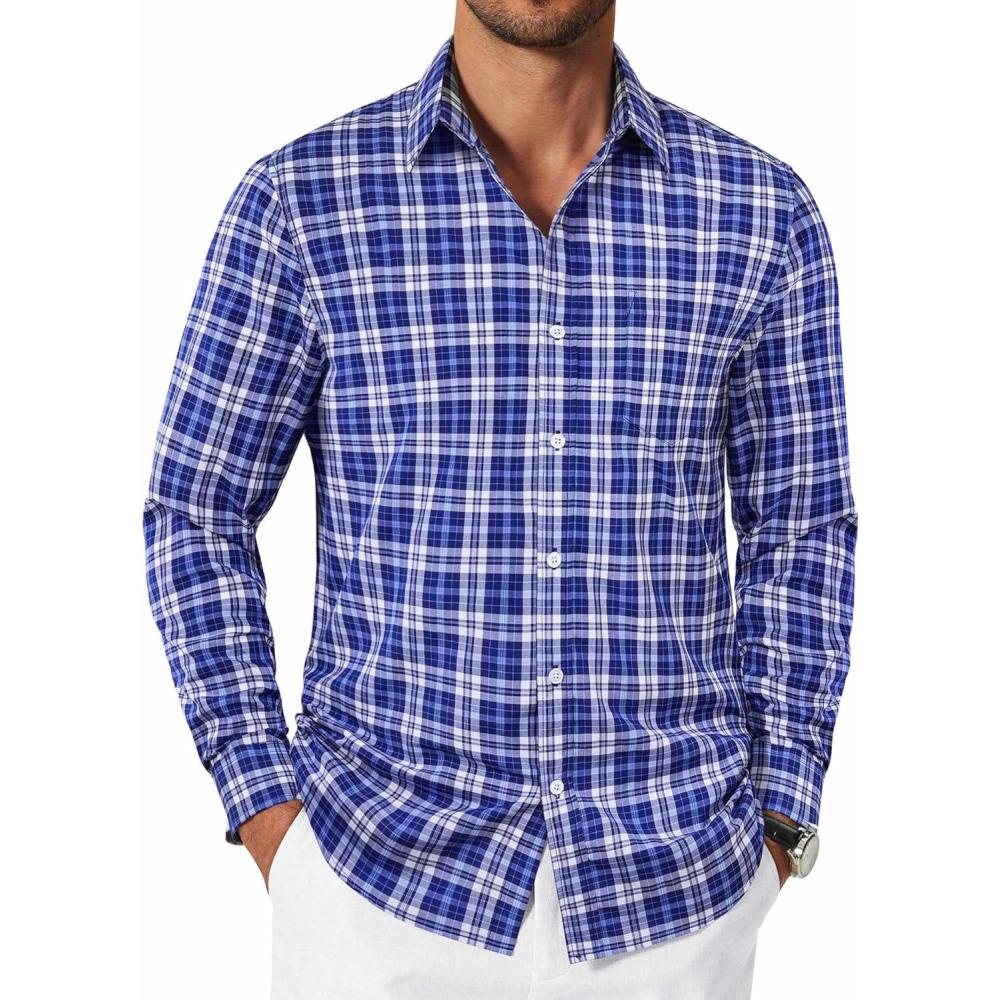imageCOOFANDY Mens Plaid Button Down Shirt Cotton Long Sleeves Dress Shirt Wrinkle Free Casual Gingham ShirtBlue White Plaid
