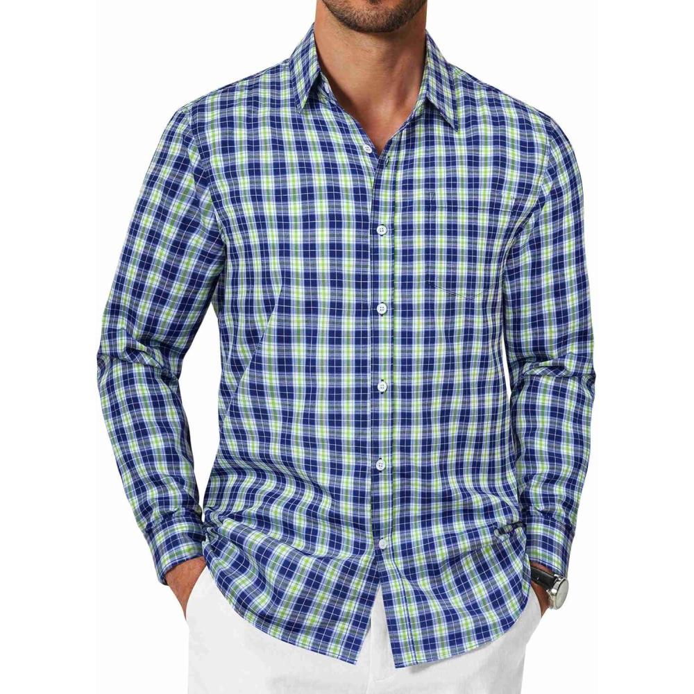 imageCOOFANDY Mens Plaid Button Down Shirt Cotton Long Sleeves Dress Shirt Wrinkle Free Casual Gingham ShirtNavy Blue Green Plaid