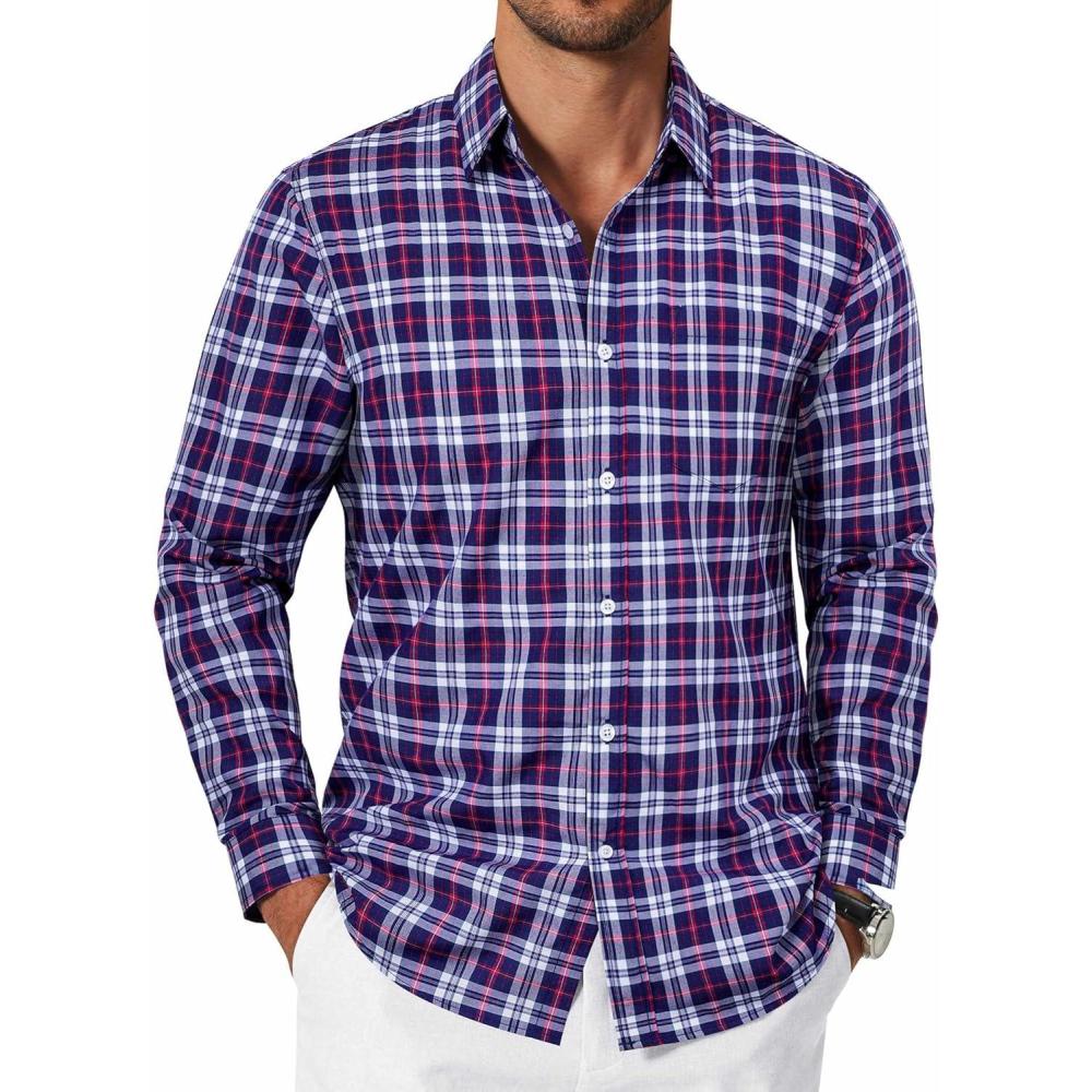 imageCOOFANDY Mens Plaid Button Down Shirt Cotton Long Sleeves Dress Shirt Wrinkle Free Casual Gingham ShirtNavy Blue Red Plaid