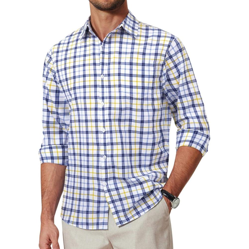 imageCOOFANDY Mens Plaid Button Down Shirt Cotton Long Sleeves Dress Shirt Wrinkle Free Casual Gingham ShirtWhite Yellow Plaid