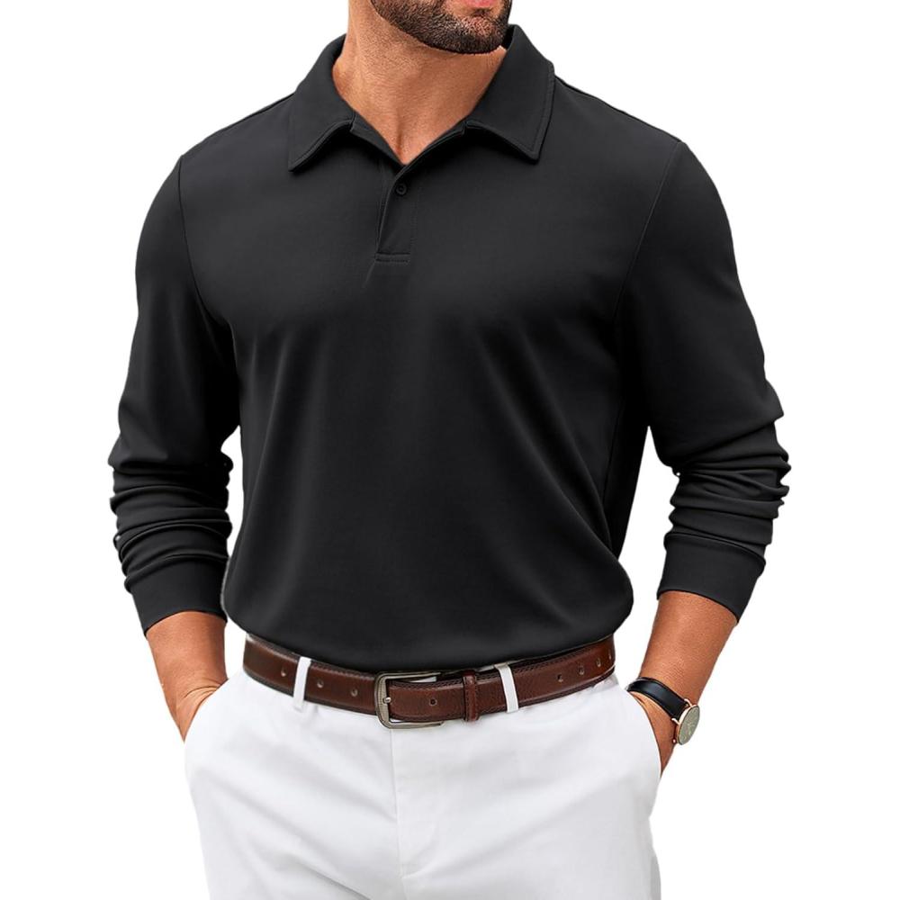 imageCOOFANDY Mens Polo Shirts 2025 Long Sleeve Casual Golf Shirts Light Weight Moisture Wicking Pullover ShirtsBlack