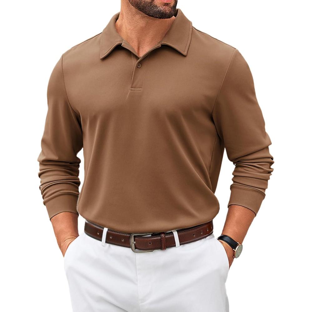 imageCOOFANDY Mens Polo Shirts 2025 Long Sleeve Casual Golf Shirts Light Weight Moisture Wicking Pullover ShirtsBrown