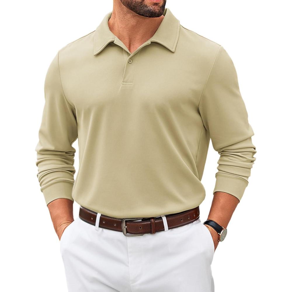 imageCOOFANDY Mens Polo Shirts 2025 Long Sleeve Casual Golf Shirts Light Weight Moisture Wicking Pullover ShirtsKhaki