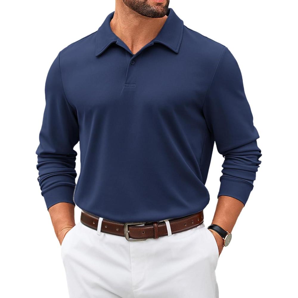 imageCOOFANDY Mens Polo Shirts 2025 Long Sleeve Casual Golf Shirts Light Weight Moisture Wicking Pullover ShirtsNavy Blue