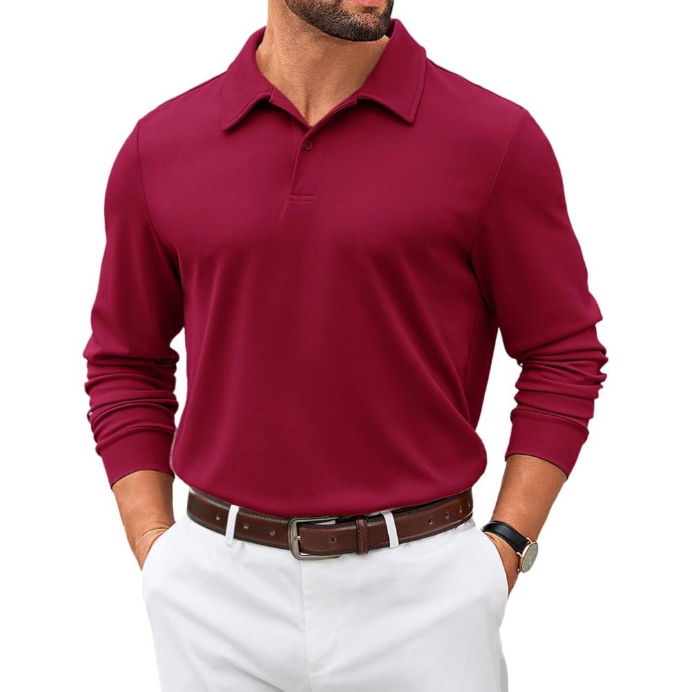 imageCOOFANDY Mens Polo Shirts 2025 Long Sleeve Casual Golf Shirts Light Weight Moisture Wicking Pullover ShirtsWine Red