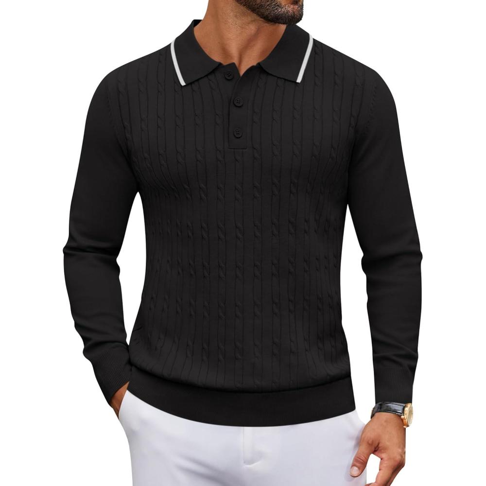 imageCOOFANDY Mens Polo Sweater Casual Long Sleeve Knit Polos Button Down Collared Golf Pullover SweatersBlack