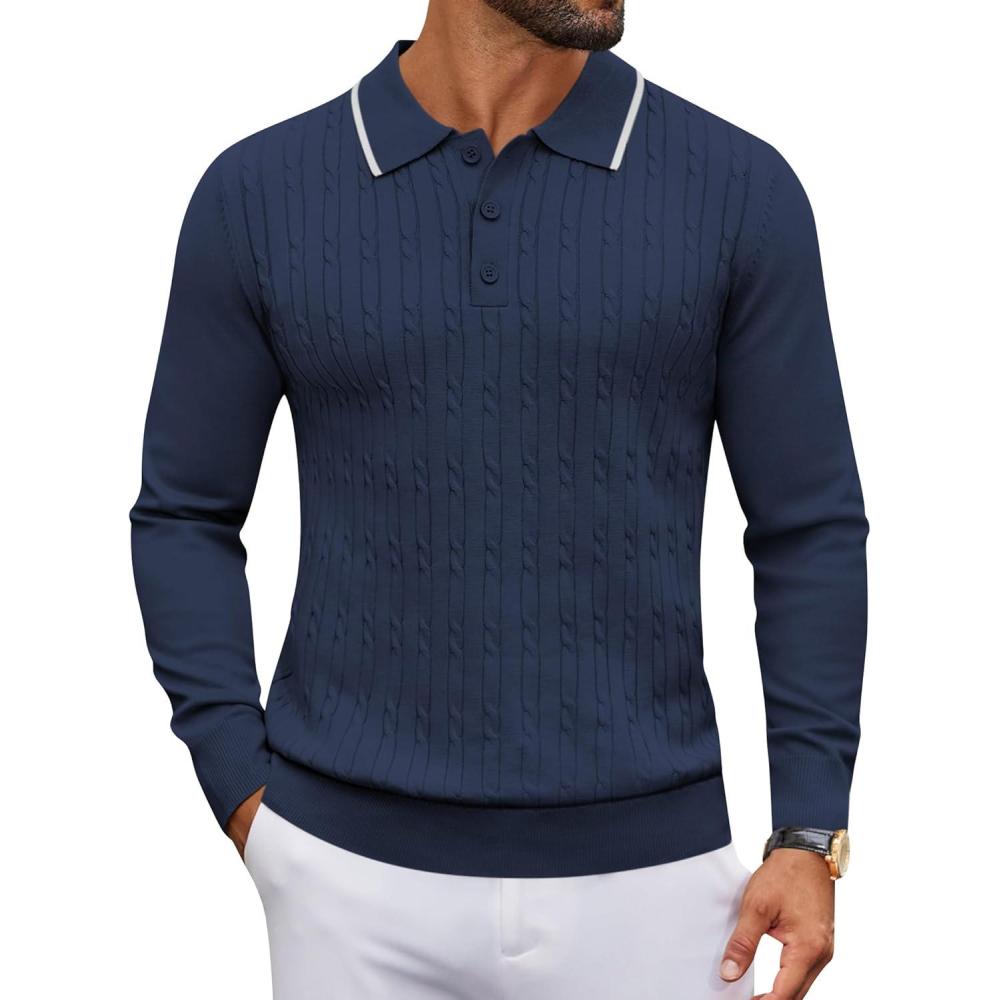 imageCOOFANDY Mens Polo Sweater Casual Long Sleeve Knit Polos Button Down Collared Golf Pullover SweatersNavy Blue