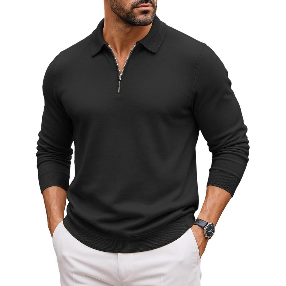 imageCOOFANDY Mens Quarter Zip Polo Sweater Long Sleeve Knit Polo Casual Lightweight Dress PulloverBlack