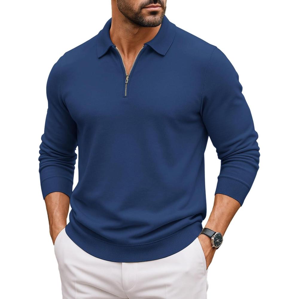 imageCOOFANDY Mens Quarter Zip Polo Sweater Long Sleeve Knit Polo Casual Lightweight Dress PulloverBlue