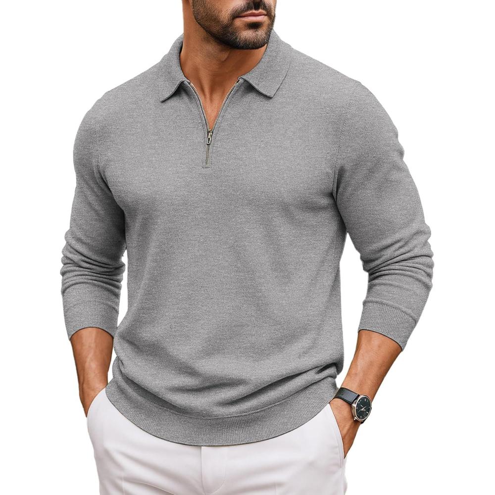 imageCOOFANDY Mens Quarter Zip Polo Sweater Long Sleeve Knit Polo Casual Lightweight Dress PulloverLight Gray