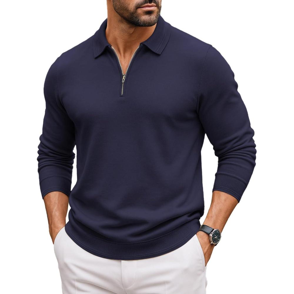 imageCOOFANDY Mens Quarter Zip Polo Sweater Long Sleeve Knit Polo Casual Lightweight Dress PulloverNavy Blue