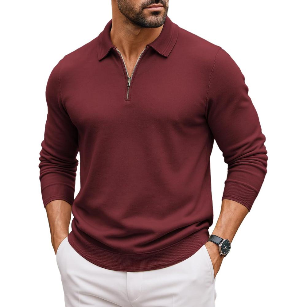 imageCOOFANDY Mens Quarter Zip Polo Sweater Long Sleeve Knit Polo Casual Lightweight Dress PulloverWine Red
