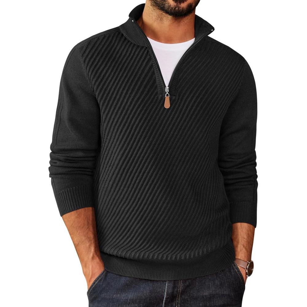 imageCOOFANDY Mens Quarter Zip Sweater Casual Slim Fit Pullovers Sweaters Knit Twill Texture PulloverAll Black