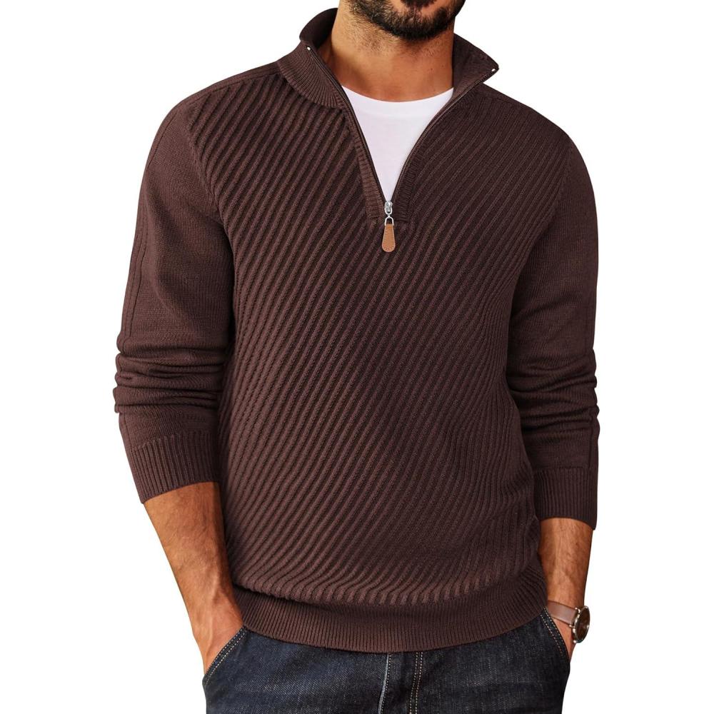 imageCOOFANDY Mens Quarter Zip Sweater Casual Slim Fit Pullovers Sweaters Knit Twill Texture PulloverCoffee