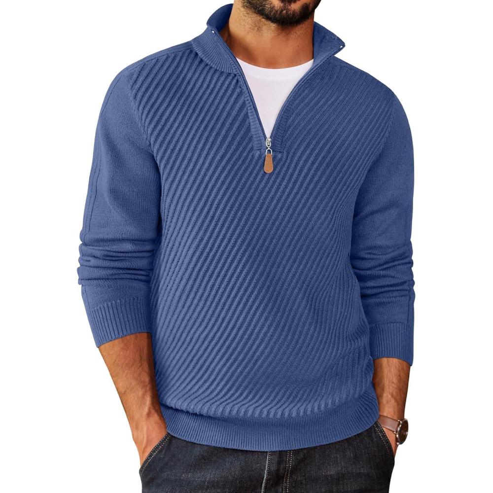 imageCOOFANDY Mens Quarter Zip Sweater Casual Slim Fit Pullovers Sweaters Knit Twill Texture PulloverDenim Blue