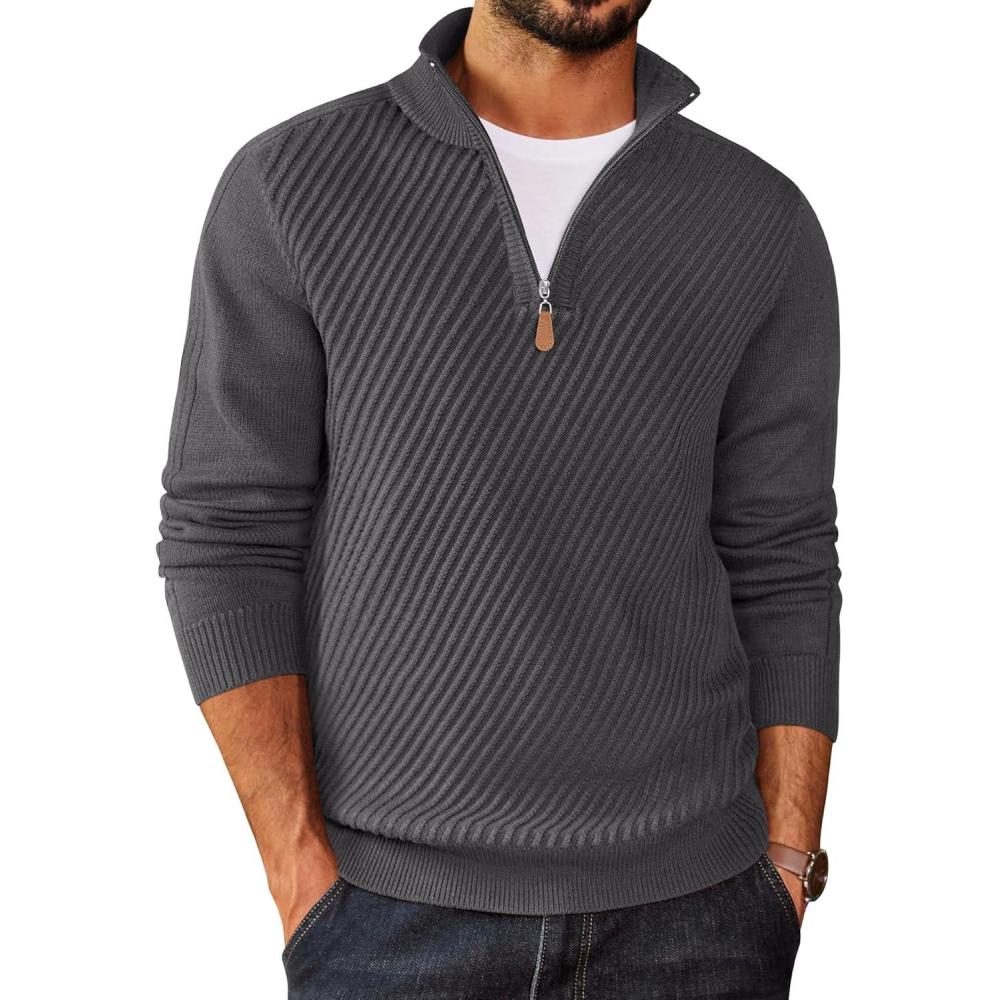 imageCOOFANDY Mens Quarter Zip Sweater Casual Slim Fit Pullovers Sweaters Knit Twill Texture PulloverDrak Grey