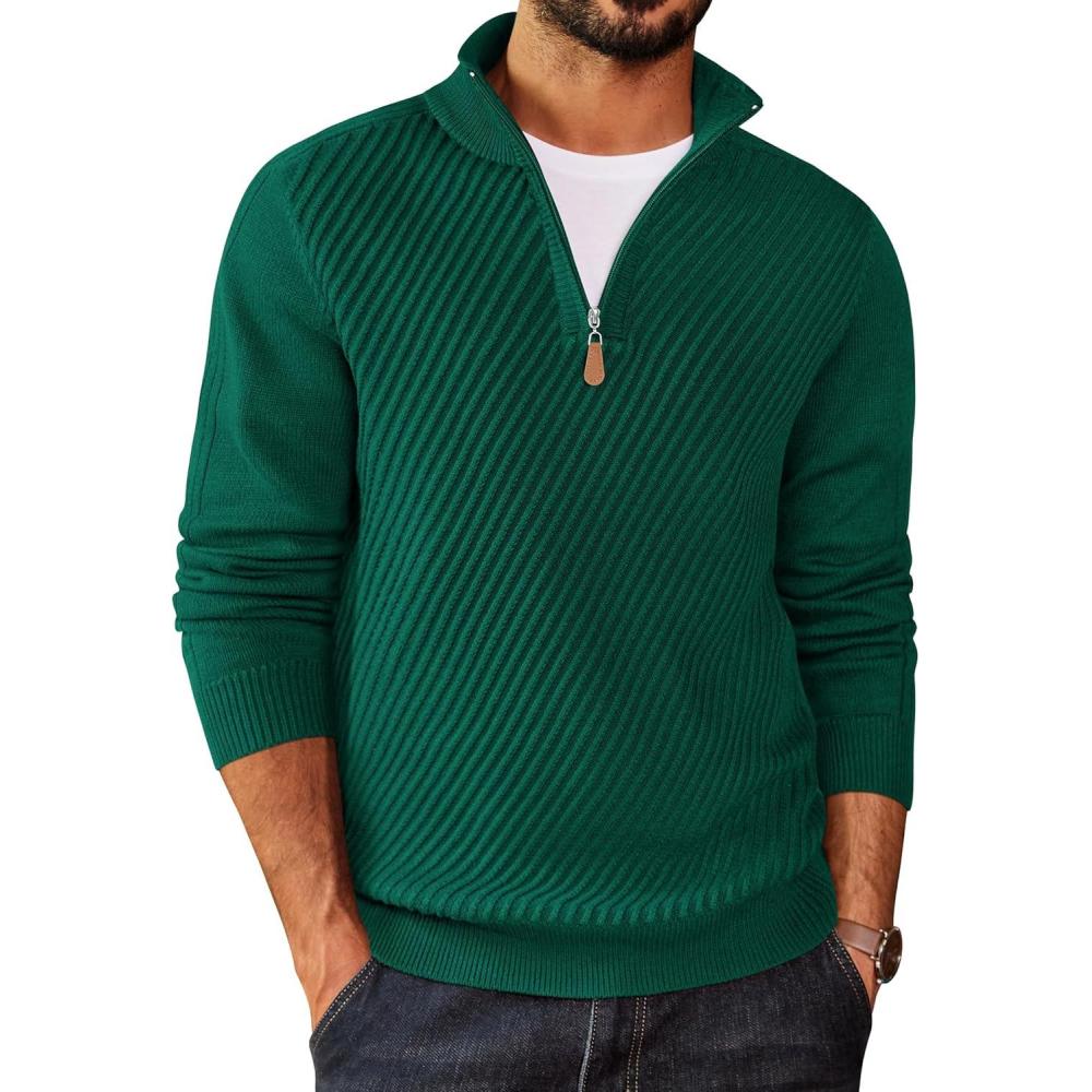 imageCOOFANDY Mens Quarter Zip Sweater Casual Slim Fit Pullovers Sweaters Knit Twill Texture PulloverGreen