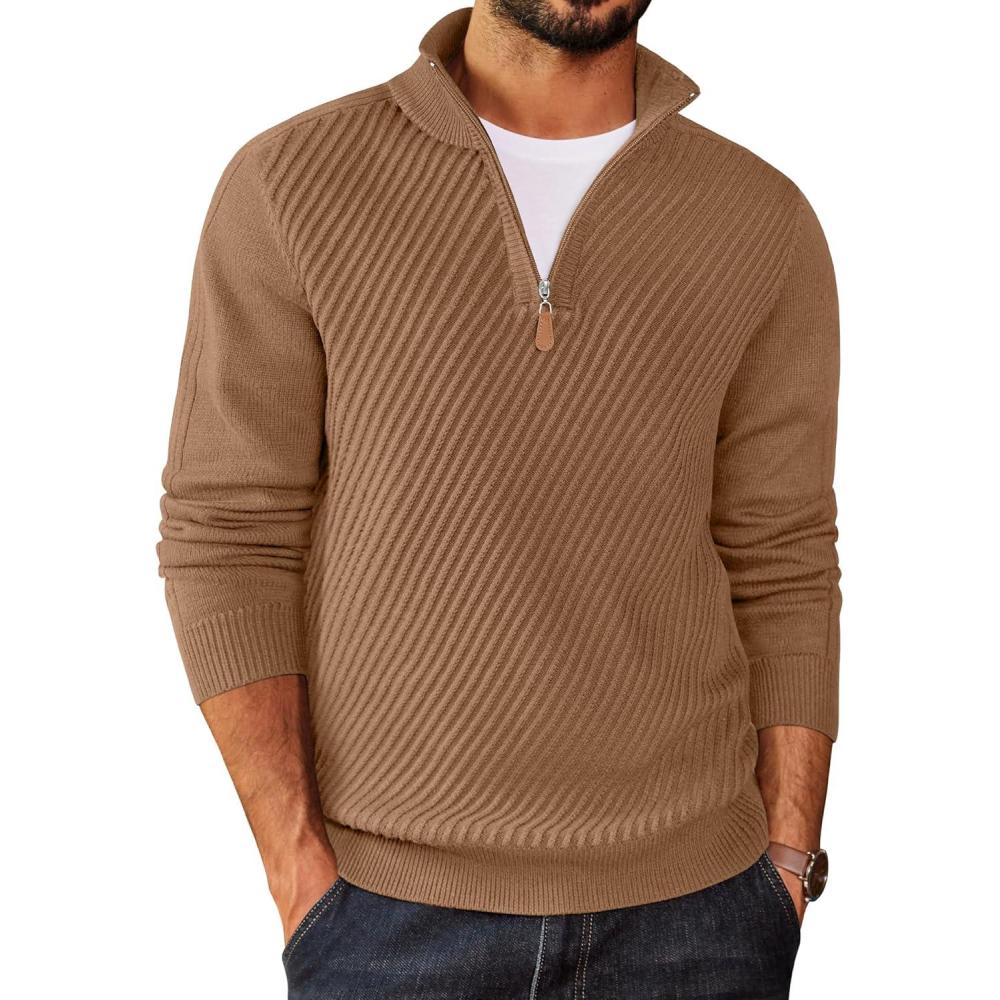 imageCOOFANDY Mens Quarter Zip Sweater Casual Slim Fit Pullovers Sweaters Knit Twill Texture PulloverLight Brown