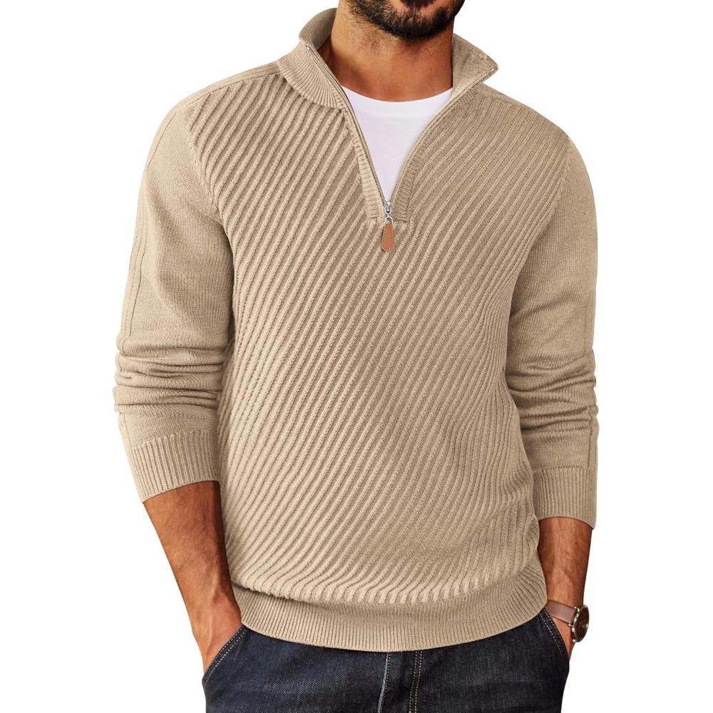 imageCOOFANDY Mens Quarter Zip Sweater Casual Slim Fit Pullovers Sweaters Knit Twill Texture PulloverLight Khaki