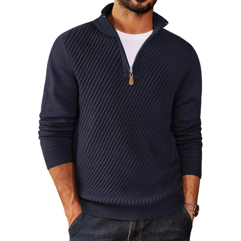 imageCOOFANDY Mens Quarter Zip Sweater Casual Slim Fit Pullovers Sweaters Knit Twill Texture PulloverNavy Blue