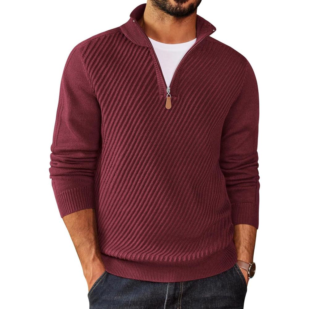 imageCOOFANDY Mens Quarter Zip Sweater Casual Slim Fit Pullovers Sweaters Knit Twill Texture PulloverRed