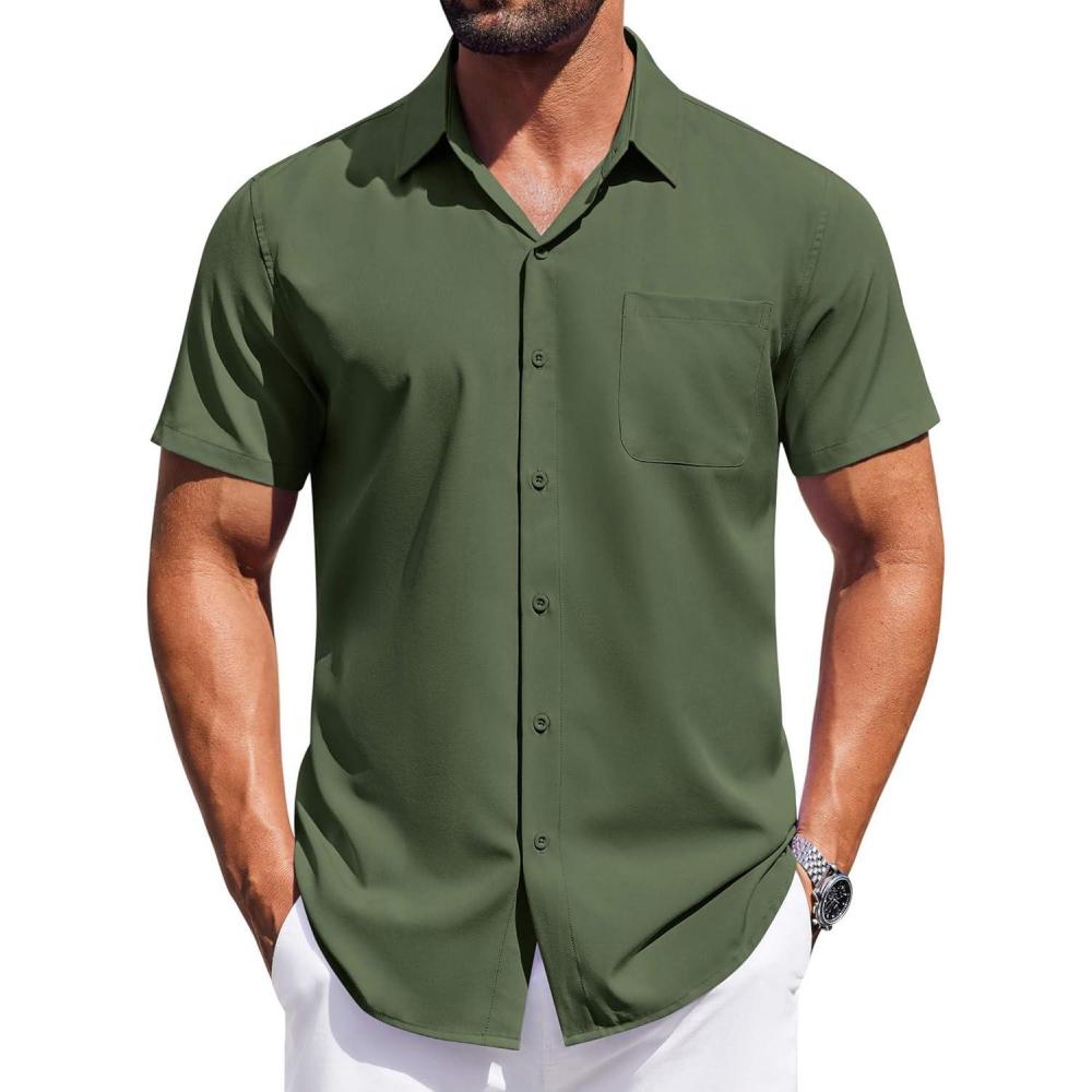 imageCOOFANDY Mens Short Sleeve Dress Shirts Button Down Shirts Regular Fit Business Casual Shirt with PocketArmy Green