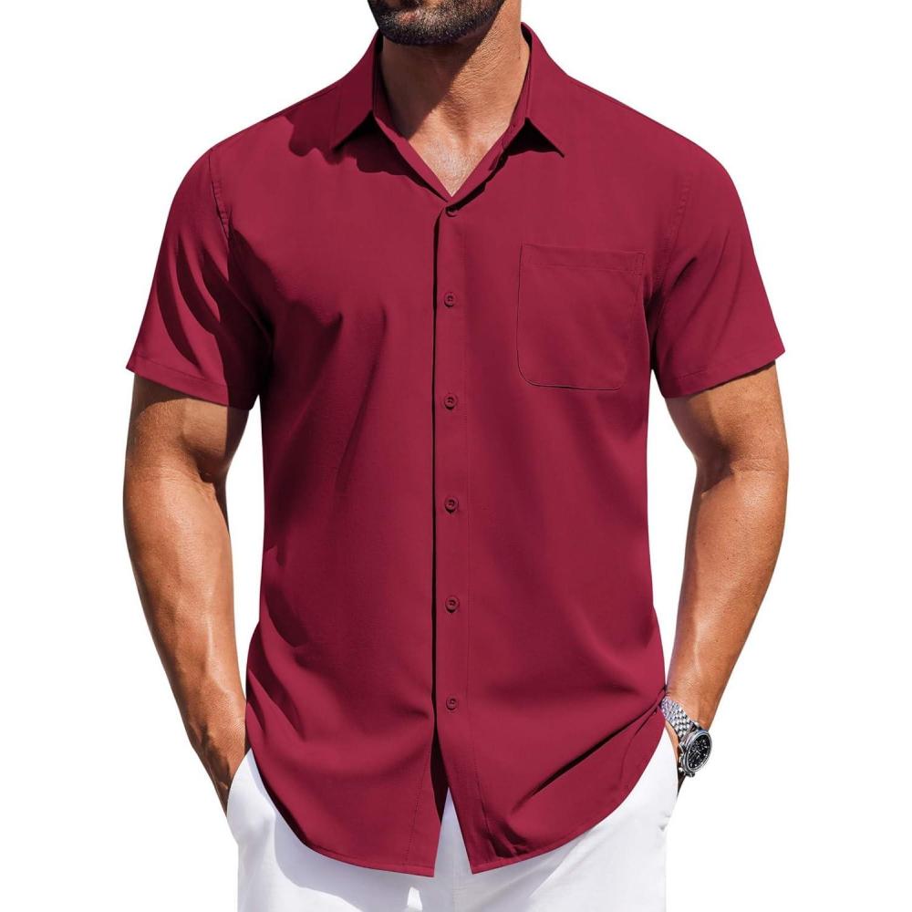 imageCOOFANDY Mens Short Sleeve Dress Shirts Button Down Shirts Regular Fit Business Casual Shirt with PocketWine Red