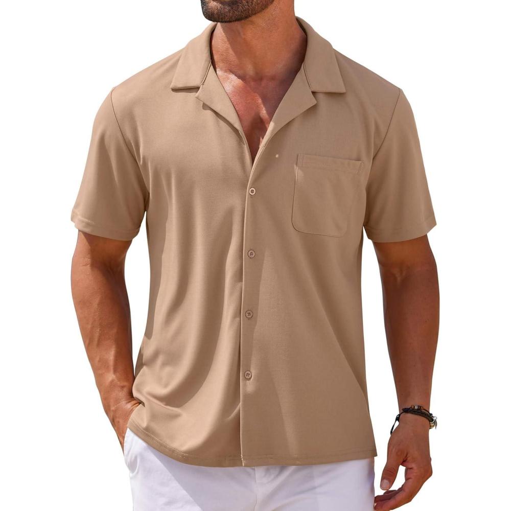 imageCOOFANDY Mens Short Sleeve Dress Shirts Button Down Untucked Wrinkle Free Shirts Casual Summer Shirt with PocketKhaki