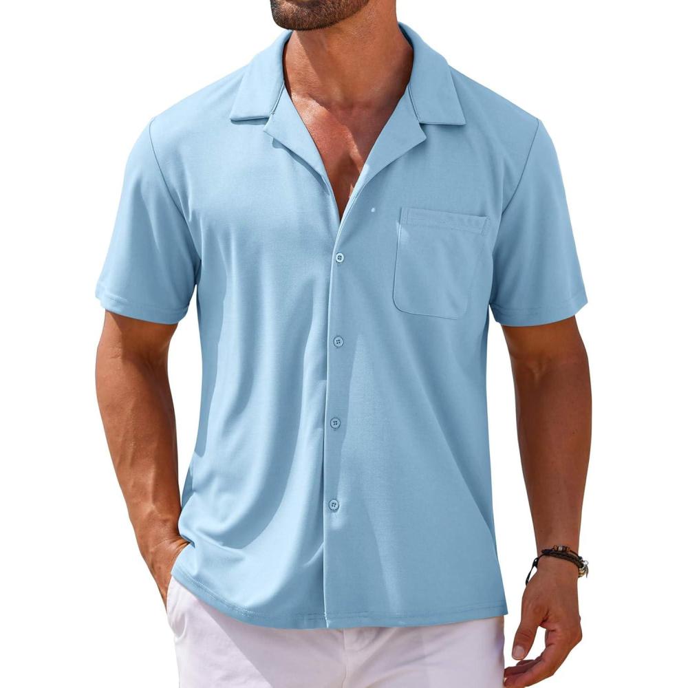 imageCOOFANDY Mens Short Sleeve Dress Shirts Button Down Untucked Wrinkle Free Shirts Casual Summer Shirt with PocketLight Blue