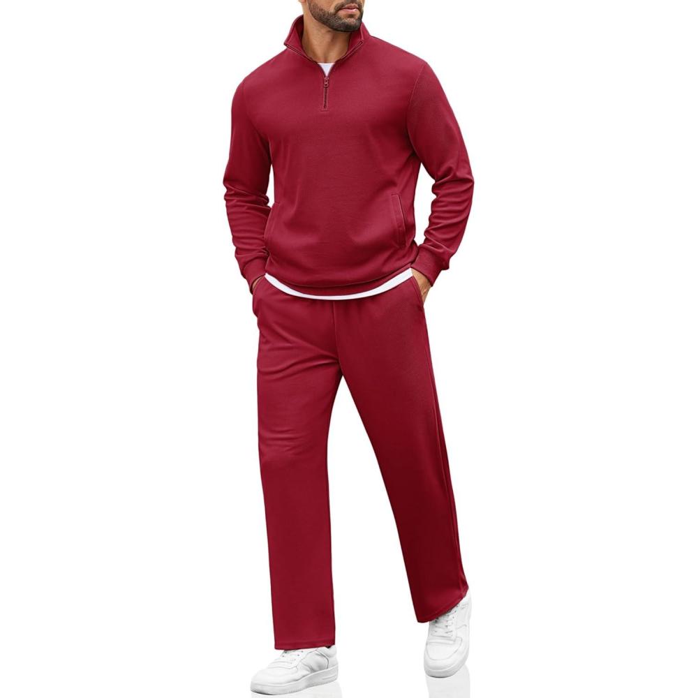 imageCOOFANDY Mens Sweatsuits 2 Piece Set Quarter Zip Pullover with Wide Leg Sweatpants Matching TracksuitDeep Red
