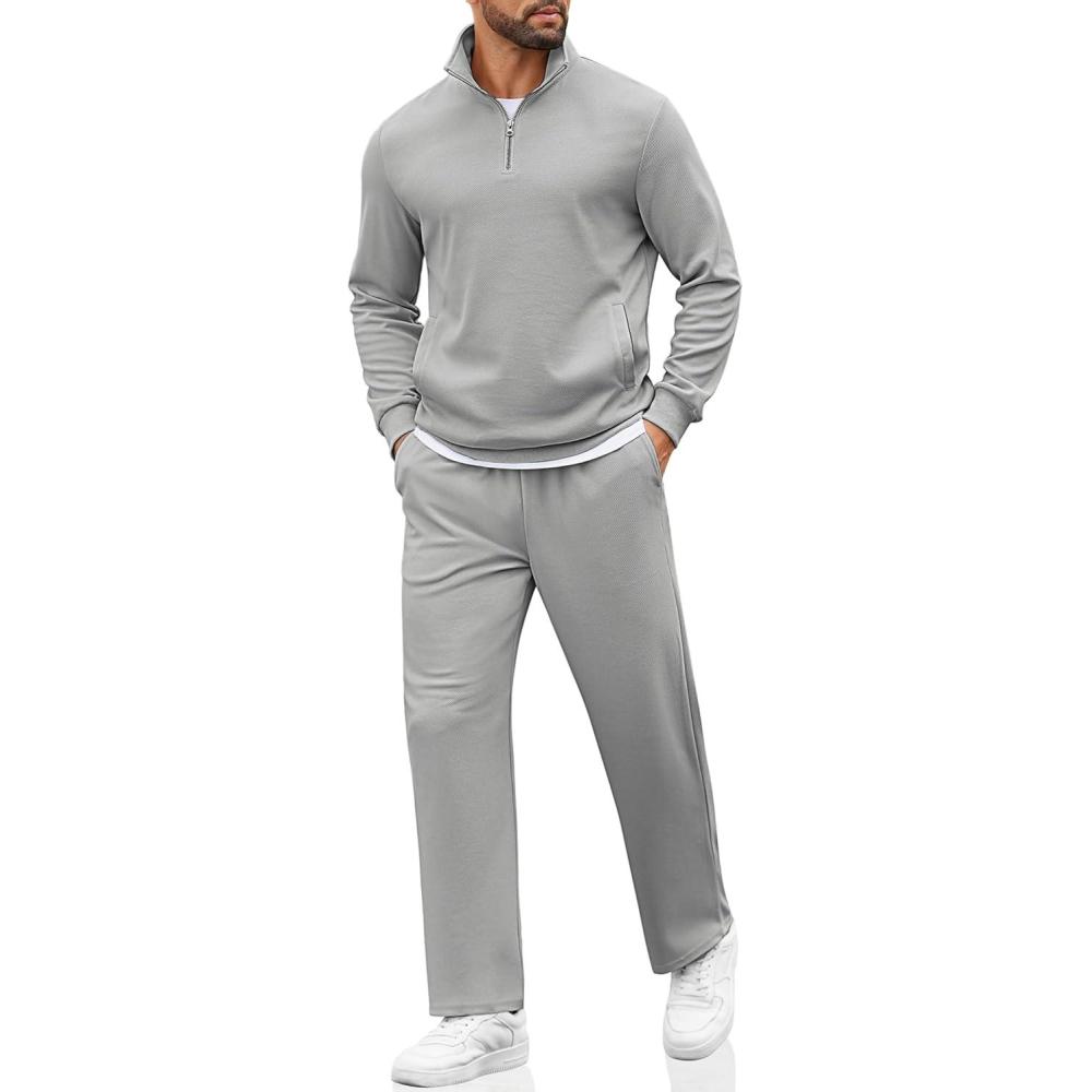 imageCOOFANDY Mens Sweatsuits 2 Piece Set Quarter Zip Pullover with Wide Leg Sweatpants Matching TracksuitLight Grey