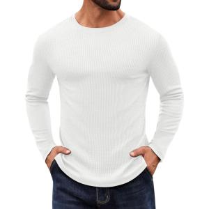 imageCOOFANDY Crewneck Sweaters for Men Slim Fit Long Sleeve Pullover Sweater Ribbed Knitted Lightweight TopsAll White