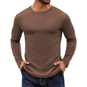 imageCOOFANDY Crewneck Sweaters for Men Slim Fit Long Sleeve Pullover Sweater Ribbed Knitted Lightweight TopsBrown