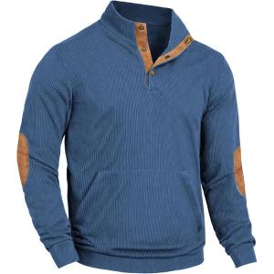 imageCOOFANDY Mens Corduroy Sweatshirt Long Sleeve Pullover Quarter Button Fall Sweat ShirtsGrey Blue
