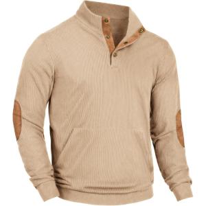 imageCOOFANDY Mens Corduroy Sweatshirt Long Sleeve Pullover Quarter Button Fall Sweat ShirtsLight Khaki