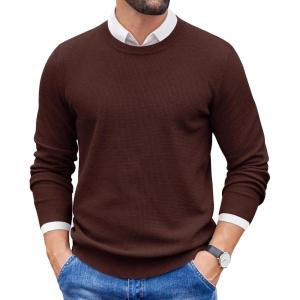 imageCOOFANDY Mens Crewneck Sweater Dress Long Sleeve Pullover Sweater Knit Lightweight SweatersBrown