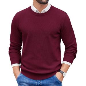 imageCOOFANDY Mens Crewneck Sweater Dress Long Sleeve Pullover Sweater Knit Lightweight SweatersDark Red