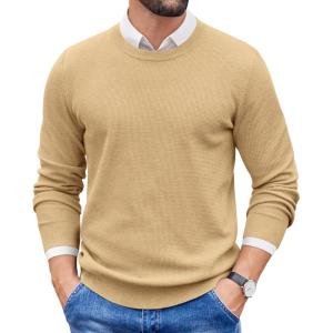 imageCOOFANDY Mens Crewneck Sweater Dress Long Sleeve Pullover Sweater Knit Lightweight SweatersKhaki