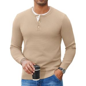imageCOOFANDY Mens Henley Sweater Long Sleeve Textured Pullover Sweaters Casual Button Crewneck Knit SweaterBeige