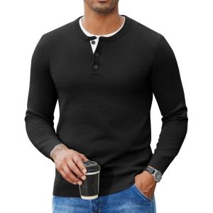 imageCOOFANDY Mens Henley Sweater Long Sleeve Textured Pullover Sweaters Casual Button Crewneck Knit SweaterBlack