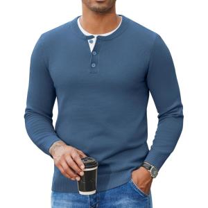 imageCOOFANDY Mens Henley Sweater Long Sleeve Textured Pullover Sweaters Casual Button Crewneck Knit SweaterBlue