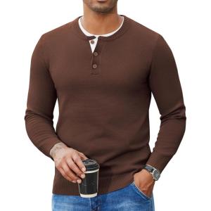 imageCOOFANDY Mens Henley Sweater Long Sleeve Textured Pullover Sweaters Casual Button Crewneck Knit SweaterBrown