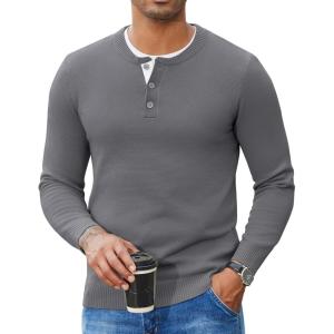 imageCOOFANDY Mens Henley Sweater Long Sleeve Textured Pullover Sweaters Casual Button Crewneck Knit SweaterDark Grey