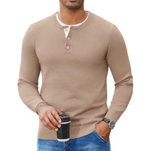 imageCOOFANDY Mens Henley Sweater Long Sleeve Textured Pullover Sweaters Casual Button Crewneck Knit SweaterKhaki