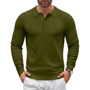 imageCOOFANDY Mens Knit Polo Sweater Long Sleeve Polo Sweaters Casual Knitted Button Collar Pullover SweaterArmy Green