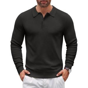 imageCOOFANDY Mens Knit Polo Sweater Long Sleeve Polo Sweaters Casual Knitted Button Collar Pullover SweaterBlack