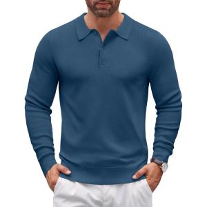 imageCOOFANDY Mens Knit Polo Sweater Long Sleeve Polo Sweaters Casual Knitted Button Collar Pullover SweaterBlue
