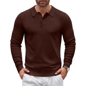 imageCOOFANDY Mens Knit Polo Sweater Long Sleeve Polo Sweaters Casual Knitted Button Collar Pullover SweaterBrown
