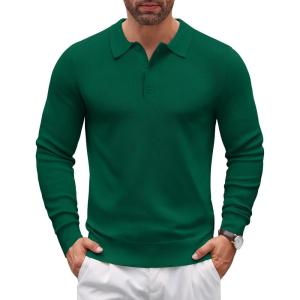 imageCOOFANDY Mens Knit Polo Sweater Long Sleeve Polo Sweaters Casual Knitted Button Collar Pullover SweaterDark Green